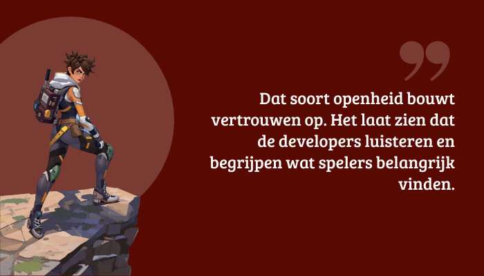 Overwatch quote-banner met Roadhog en pull-quote over openheid van developers en vertrouwen