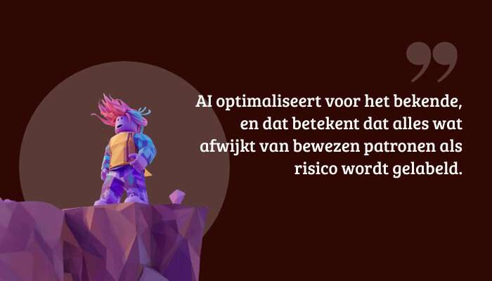 Roblox quote banner with a pull quote about AI favoring proven patterns, over a lake background