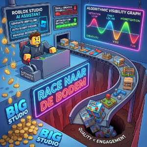 Roblox featured thumbnail met personage en AI-tools thema rond de creatieve economie