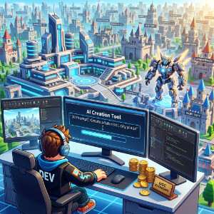 Roblox featured thumbnail met een Roblox-avatar en AI-thema rond UGC-creatie