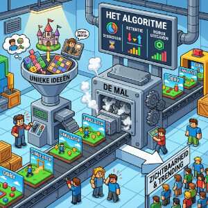 Roblox featured thumbnail met een Roblox-avatar die het algoritme en aanbevelingen voor creators verbeeldt