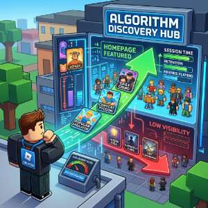 Roblox featured thumbnail met een Roblox-avatar en blokkerige stad, over hoe het algoritme games aanbeveelt