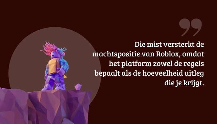 Quote-banner over Roblox' machtspositie, met pull-quote tekstoverlay op Roblox-achtergrond