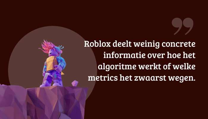 Roblox quote-banner met citaat over beperkte transparantie rond het algoritme en gebruikte metrics