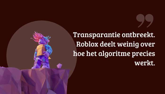 Roblox quote-banner met de tekst over ontbrekende transparantie rond het algoritme, met dezelfde Roblox-achtergrond