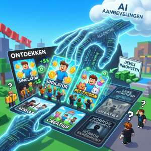 Roblox featured thumbnail met abstracte game-achtergrond die het algoritme achter aanbevelingen uitbeeldt