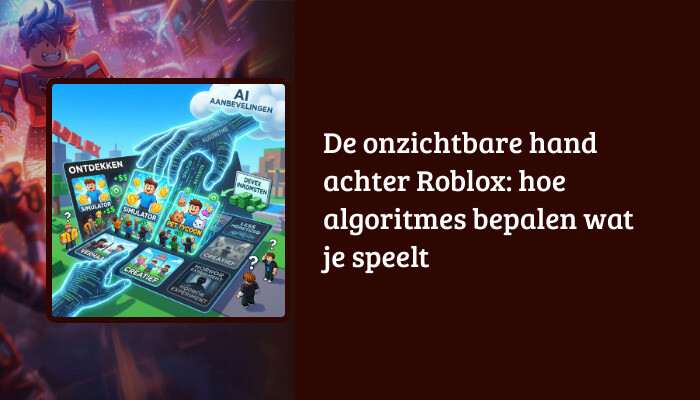 Roblox H1-banner met de titel 'De onzichtbare hand achter Roblox' over algoritmes en speelkeuzes