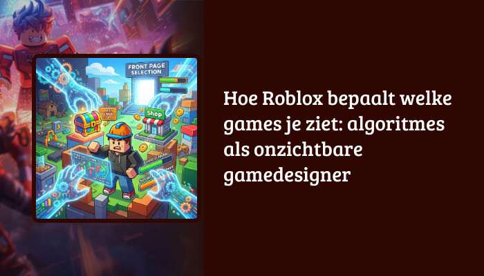Roblox brede H1-banner met titeloverlay over algoritmes die bepalen welke games je te zien krijgt