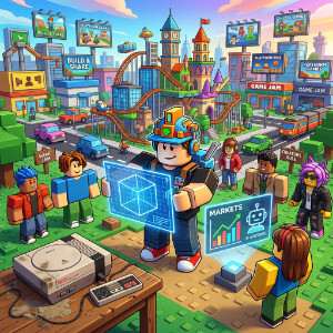 Roblox featured thumbnail met een kleurrijk, blokachtig personage als symbool voor de opkomst van Roblox en AI-apps