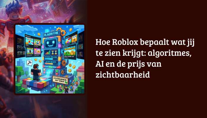 Wide Roblox H1 banner showing the article title overlay about algorithms, AI, and the price of visibility
