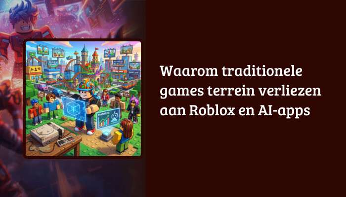 Roblox H1-banner met de titel 'Waarom traditionele games terrein verliezen aan Roblox en AI-apps' als tekstoverlay