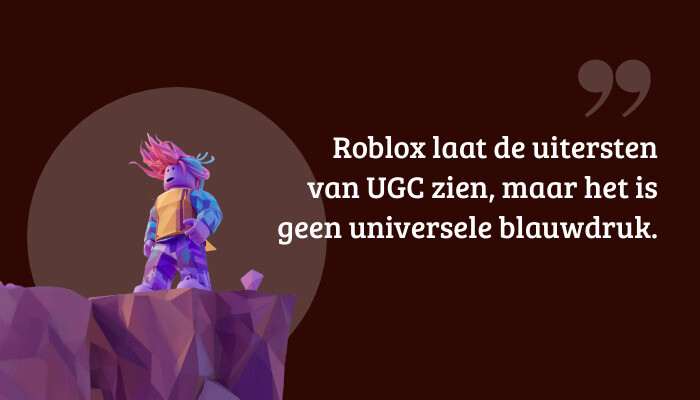 Roblox quote-banner met pullquote over UGC als tekstoverlay op een Roblox-achtergrond