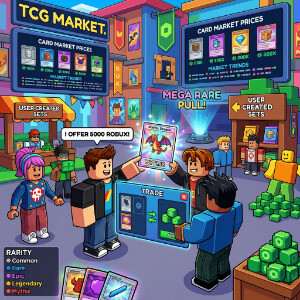 Roblox featured thumbnail met een stylized karakter en kaarten, passend bij trading card games en speculatie