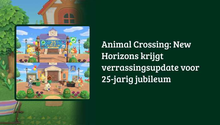 H1-banner voor Animal Crossing: New Horizons met de artikelkop over de verrassingsupdate voor 25 jaar