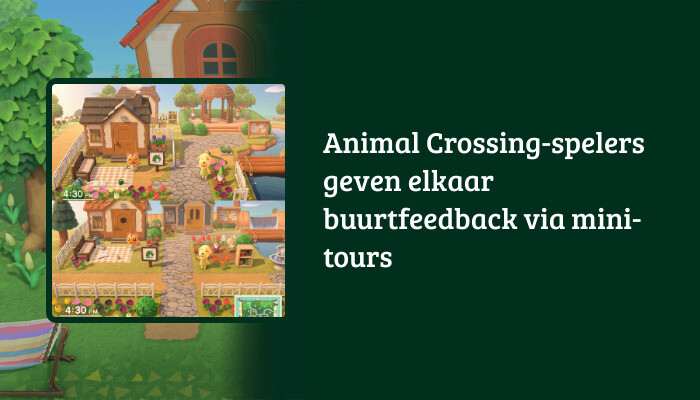 H1-banner voor Animal Crossing: New Horizons met titel-overlay over buurtfeedback via mini-tours