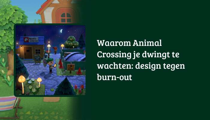 H1-banner voor Animal Crossing: New Horizons met titeloverlay over design dat je dwingt te wachten