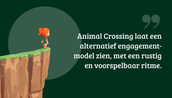 Quote-banner bij Animal Crossing: New Leaf met pull quote over een rustig, voorspelbaar ritme
