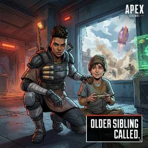 Apex Legends featured thumbnail met personageportret in rood-oranje stijl bij de 'older sibling'-meme trailer