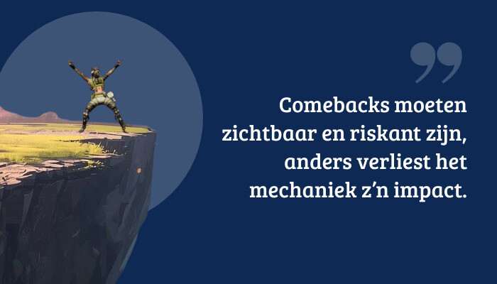 Apex Legends quote-banner met pull quote over riskante comebacks, over actiebeeld uit de game