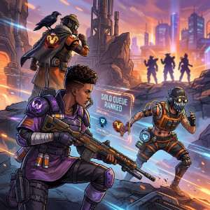 Apex Legends featured thumbnail met personage en Ranked thema rond solo queue voor Diamond+