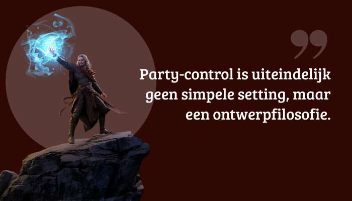 Quote-banner bij Baldur's Gate 3 met de pull quote over party-control als ontwerpfilosofie