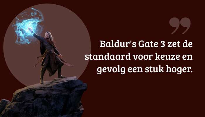 Baldur's Gate 3 quote-banner met tekst over hogere standaard voor keuze en gevolg