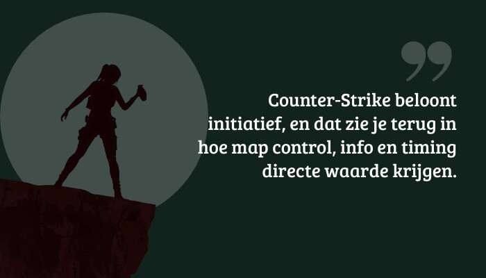 Counter-Strike 2 quote-banner met uitspraak over map control, info en timing die initiatief beloont