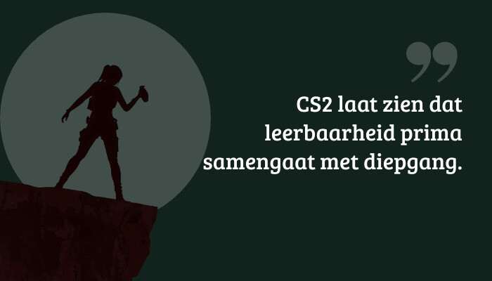 Quote-banner bij Counter-Strike 2 met de tekst: "CS2 laat zien dat leerbaarheid prima samengaat met diepgang."