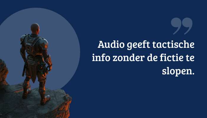 Cyberpunk 2077 quote-banner met de tekst over audio als tactische info zonder de fictie te breken