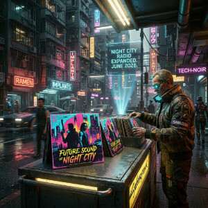 Cyberpunk 2077 featured thumbnail met neon gele typografie en de tekst over het officiële muziekalbum