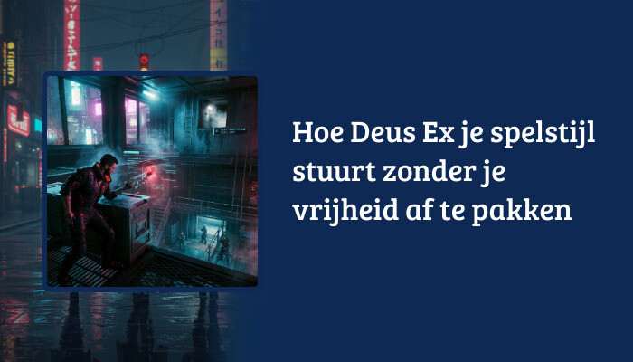 Cyberpunk 2077 H1-banner met artikelkop over speelstijl en vrijheid als tekstoverlay