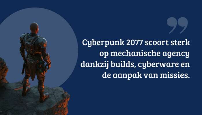 Cyberpunk 2077 quote-banner met pull quote over mechanische agency, builds en cyberware als tekstoverlay