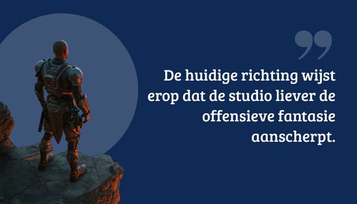 Cyberpunk 2077 quote-banner met pull-quote over offensieve fantasie, op brede neon achtergrond
