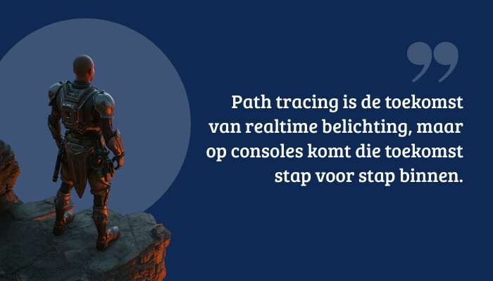 Quote-banner bij Cyberpunk 2077 met pull quote over path tracing als toekomst van realtime belichting