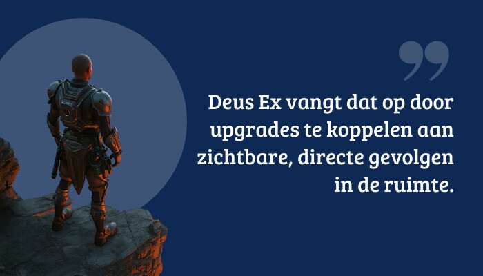 Cyberpunk 2077 quote-banner met citaat over upgrades en directe gevolgen in de omgeving