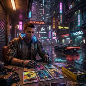 Featured thumbnail voor Cyberpunk 2077 met neongele achtergrond en personage, over het officiële tarotdeck