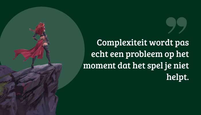 Dota 2 quote-banner met de tekst "Complexiteit wordt pas echt een probleem..." over een game-achtergrond