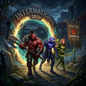 Dota 2 featured thumbnail met een TI 2026 invites-thema en esports-uitstraling