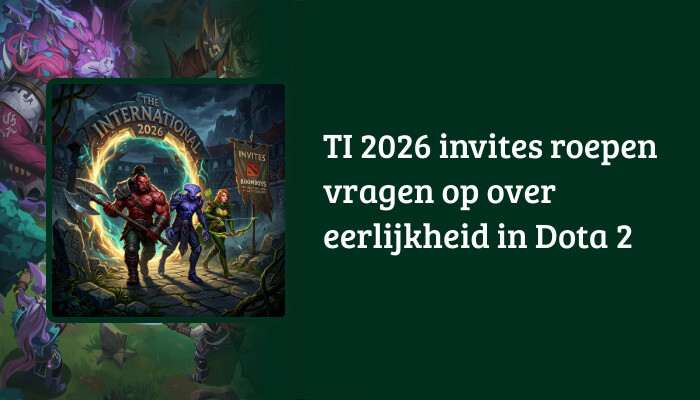 Brede Dota 2 H1-banner met de titel over TI 2026 invites en vragen rond eerlijkheid