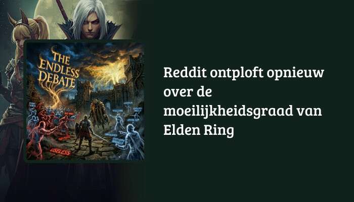 Brede Elden Ring H1-banner met titeloverlay over Reddit-discussie rond de moeilijkheidsgraad