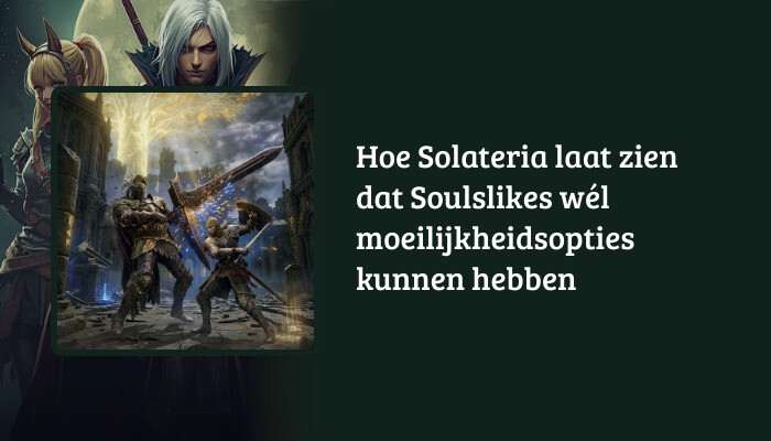 Elden Ring H1-banner met titeloverlay over Solateria en moeilijkheidsopties in Soulslikes