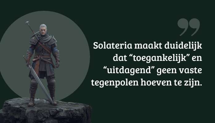 Elden Ring quote-banner met pull-quote over dat toegankelijk en uitdagend geen tegenpolen zijn