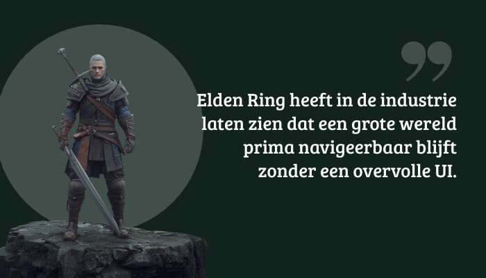 Elden Ring quote-banner met citaat over een navigeerbare open world zonder overvolle UI