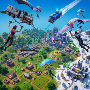 Fortnite featured thumbnail met personage en de titel over beste landingsplekken
