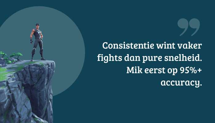 Fortnite quote-banner met tekst: Consistentie wint vaker fights dan pure snelheid, focus op accuracy