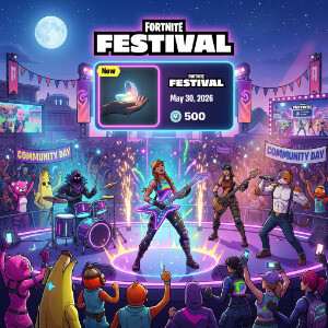 Fortnite Festival featured thumbnail met kleurrijke Fortnite-personages rond het nieuwe Jam Track "Cradles"