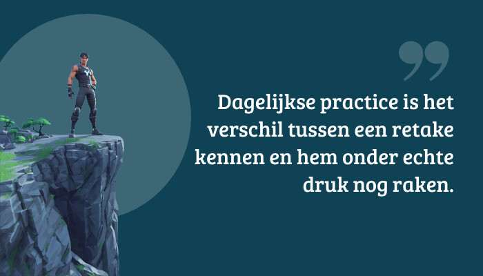 Fortnite quote-banner met de tekst over dagelijkse practice en onder druk een retake raken