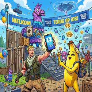 Fortnite featured thumbnail met personage en verwijzing naar de iOS-comeback en downloadrecord