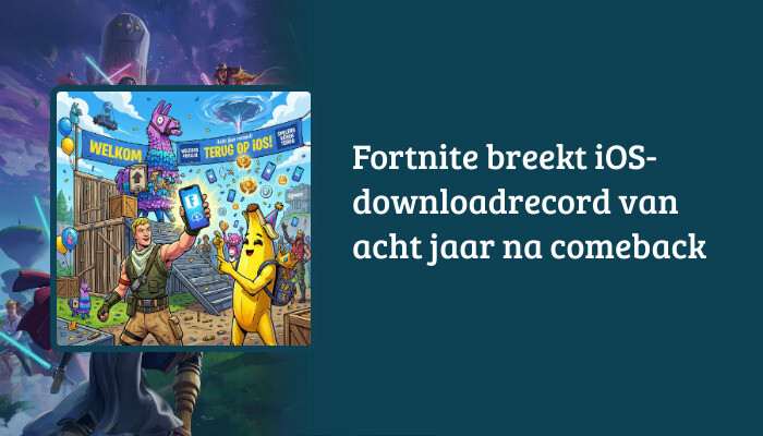 Brede Fortnite H1-banner met titeloverlay over het iOS-downloadrecord na de comeback