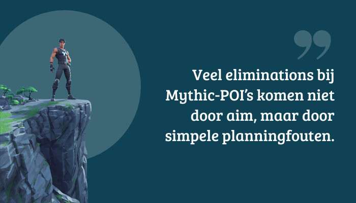 Fortnite quote-banner met de tekst over eliminations bij Mythic-POI’s en planningfouten als overlay